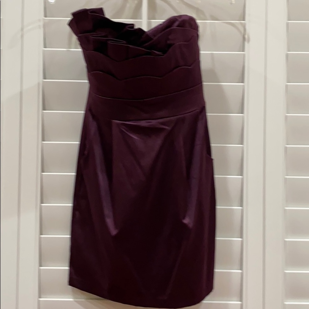 Cocktail dress, plum satin with pockets